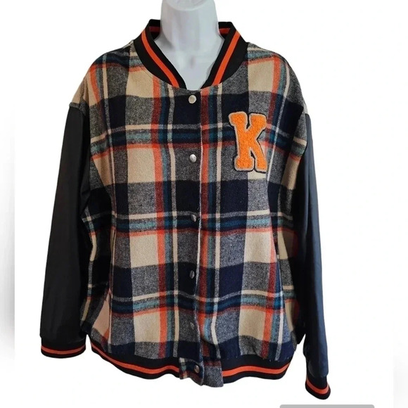 Spoon Jeans XL Y2K Plaid Varsity Jacket Black Sleeves Retro Letterman K - Picture 2 of 8